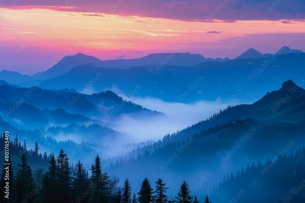The mountains are covered in trees and the sky is a beautiful shade of pink The mountains are covered in trees and the sky is a beautiful shade of pink