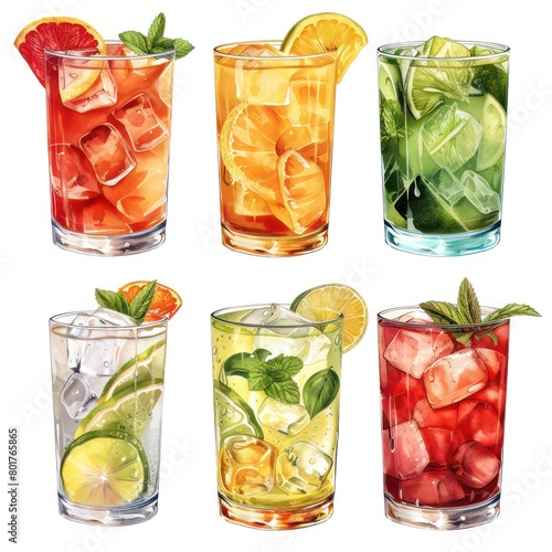 bar cocktails with slices of fruits, white background