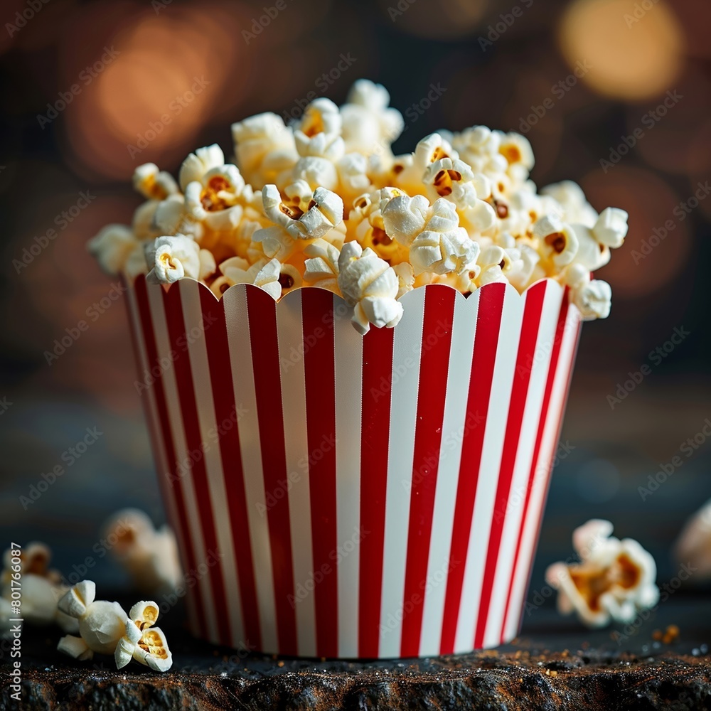 A close-up shot capturing a overflowing popcorn cup with red and white stripes in a cinematic environment. A close-up shot capturing a overflowing popcorn cup with red and white stripes in a cinematic environment.