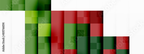 A stack of colorful green and red books arranged in a parallel pattern on a white background, creating symmetry and showcasing tints and shades of magenta and electric blue