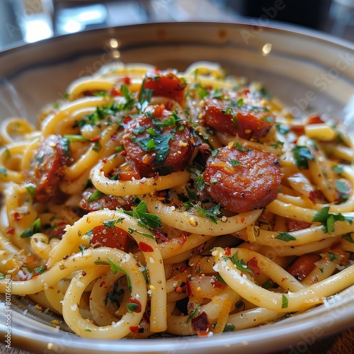 The chorizo and linguine combine in a fantastical culinary creation.