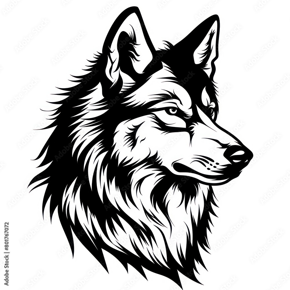 wolf head logo line-art silhouette, black and white, white background wolf head logo line-art silhouette, black and white, white background