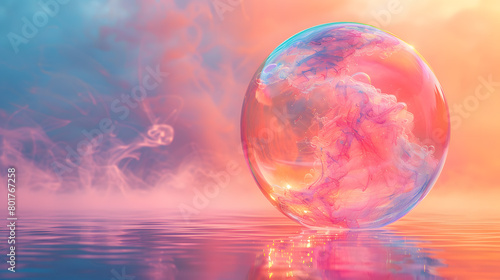 Iridescent balloon bubble on pastel background with gradient. A vibrant and whimsical bubble of joy radiates in the sky, its radiant rainbow background captivating the viewer with its dazzling colors