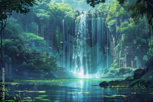 Gorgeous Imaginary Setting featuring a Waterfall amid Dense Tropical Foliage. Serene Lake, Weathered Ruins & Cavern within a Verdant Forest. AI-generated Artwork. © tonstock