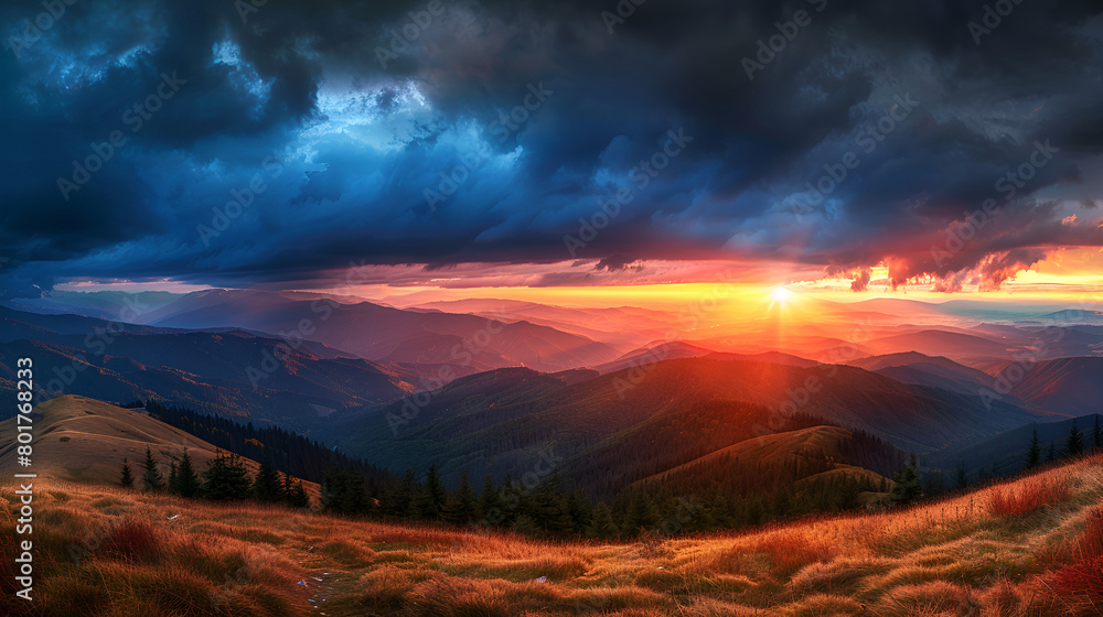Enjoy a romantic colorful sunset from the top of the mountain Blue sky orange evening sunset. 