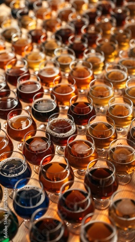 Table covered with diverse beer glasses, each representing different brewing styles, ready to be savored by patrons exploring varied flavors.