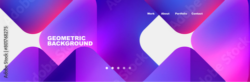 An eyecatching geometric background featuring a gradient of purple and electric blue hues. Perfect for a technology event or entertainment theme. Includes triangles, circles, and a modern font style