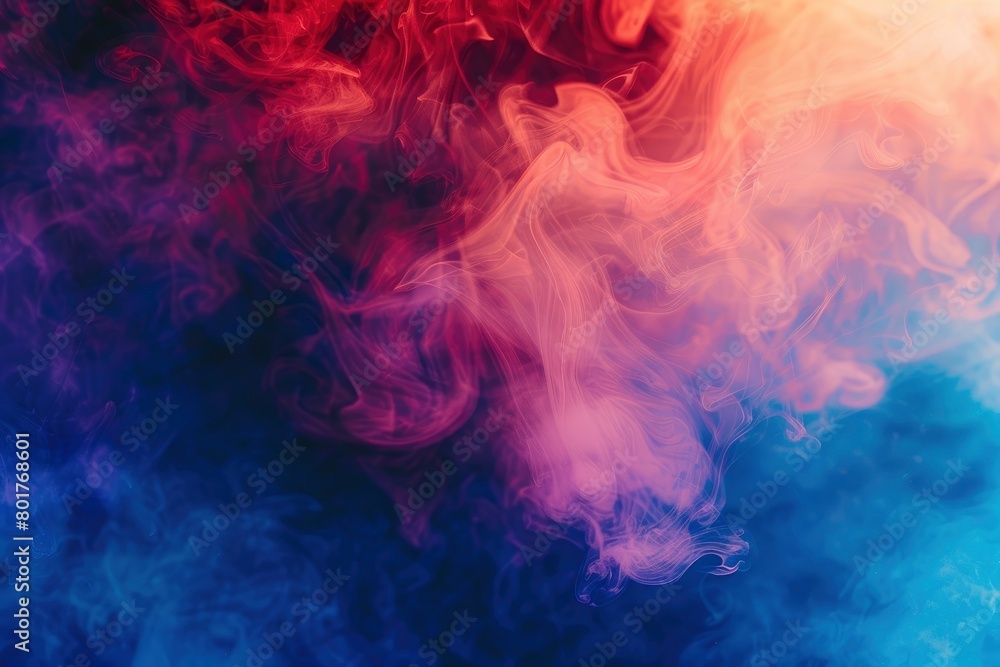 Color smoke abstract background. Cold hot. Ice fire flame. Defocused blue red contrast paint splash light glowing vapor floating cloud texture - generative ai