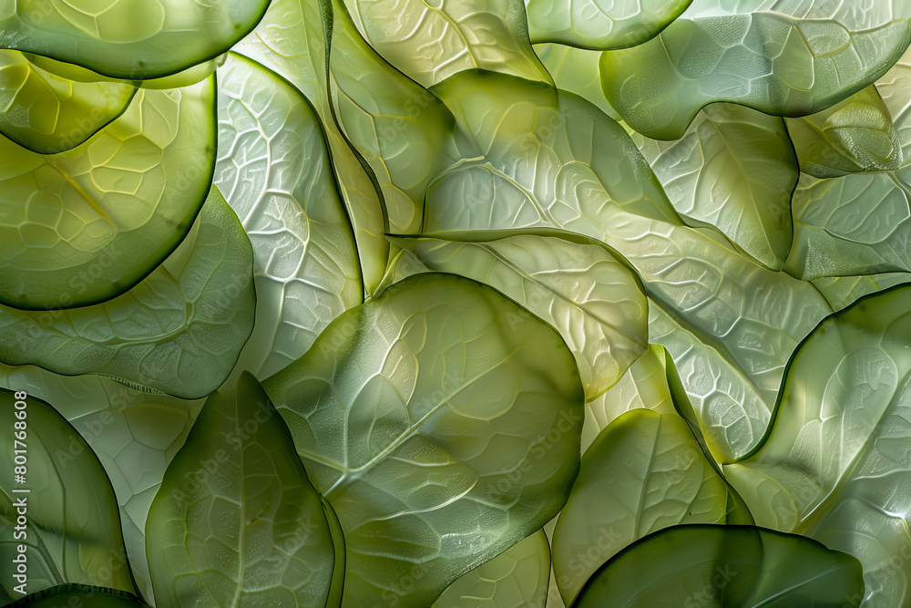 Fototapeta premium Vibrant Green Sliced Cucumber Abstract Texture Background