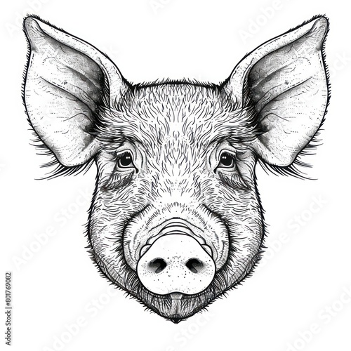 pig face hand draw, black and white, white background