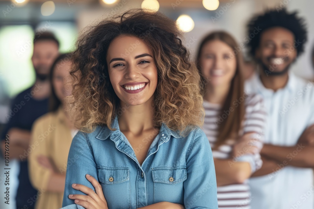 Portrait of a smiling young businesswoman with her colleagues in the background