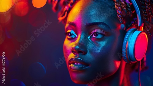 An African lady is delighting in her music while experiencing a range of emotions amidst a lively disco atmosphere with vibrant colors and dazzling spotlight effects against a black backdrop.