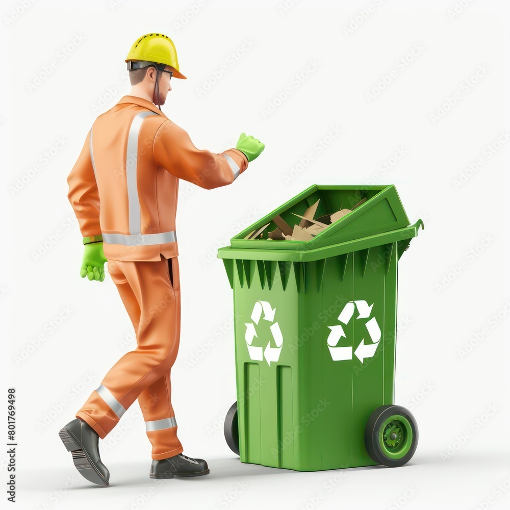 man pushing the ecological green bin with a recycled ecology symbol man pushing the ecological green bin with a recycled ecology symbol