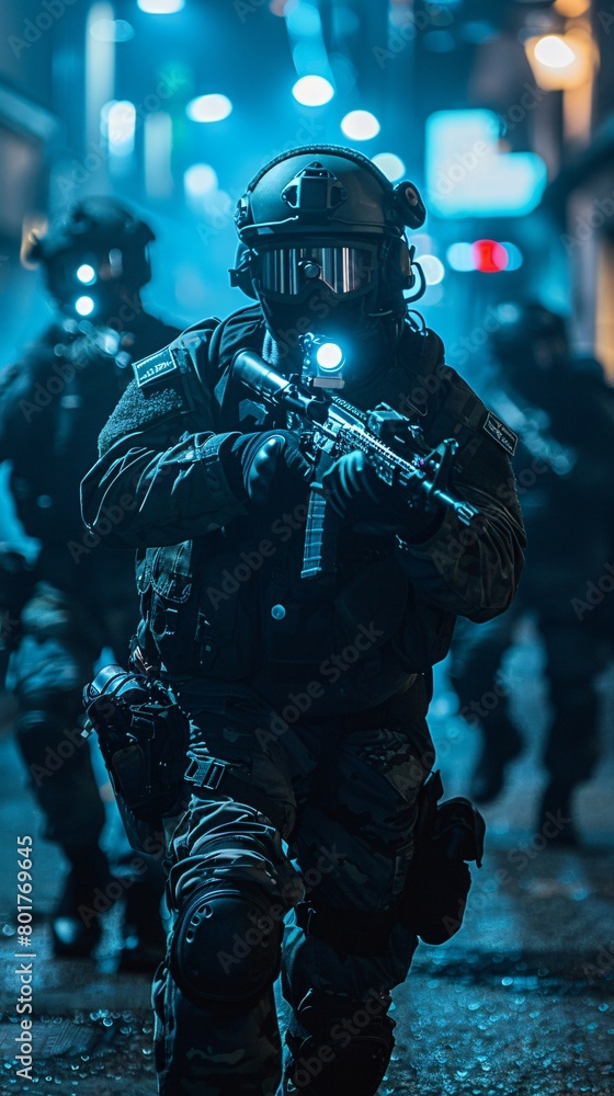Tactical Response Team in Action During a Night Operation, Anti-Terrorism Drill Tactical Response Team in Action During a Night Operation, Anti-Terrorism Drill