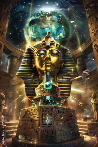 An abstract gold-glowing pharaoh, exuding power and the mystique of ancient Egypt