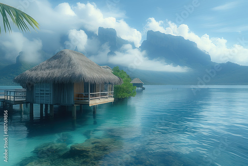 In sea of azure water, pier with thatched wooden huts overlooks Bora Bora AI Generative