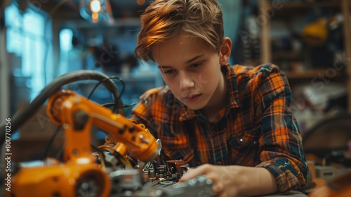 Teenager Programming a Robot in a High-Tech Workshop, Future Innovators at Work