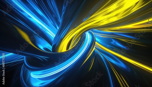 Luminous blue and yellow neon curves, isolated on black, intricate light effects, cinema 4D octane render, Ukraine flag colors