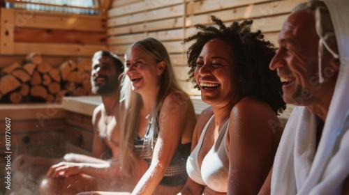 A group of people laughing and chatting as they sweat out toxins in the sauna together..