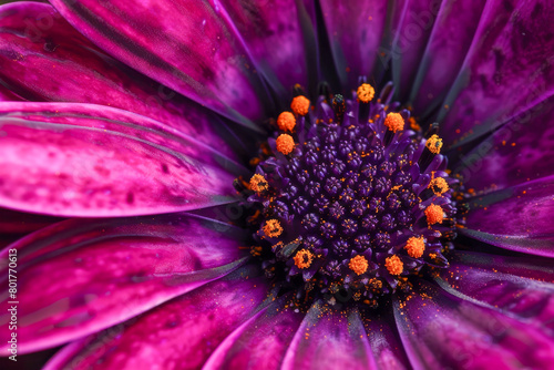 A close up of a purple flower with orange spots