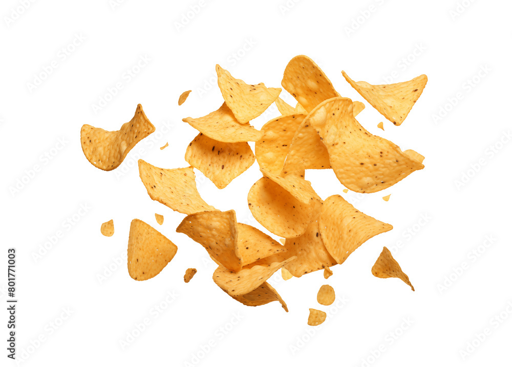 Tortilla chips captured in mid-air, creating a dynamic composition of flying snack pieces, isolated on transparent background. Generative AI Tortilla chips captured in mid-air, creating a dynamic composition of flying snack pieces, isolated on transparent background. Generative AI