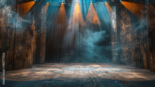 Theatre Stage, A dramatic scene on a theatrical stage, actors performing under bright spotlights, captivating the audience. photo