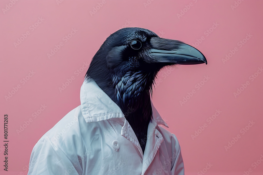 Obraz premium Surreal Portrait of a Raven in a White Lab Coat Against a Pink Background