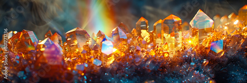 A collection of crystals with a rainbow in the background photo