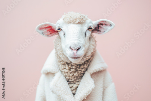 Portrait of a Domestic Sheep in Stylish Woolen Attire on Pink Background