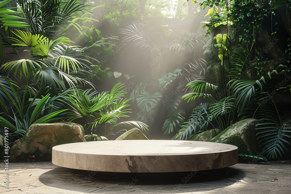 A circular wooden platform surrounded by lush green foliage in a tranquil forest setting with soft light filtering through the trees A circular wooden platform surrounded by lush green foliage in a tranquil forest setting with soft light filtering through the trees