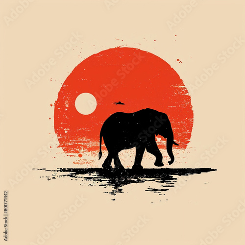 an elephant walking near the floating market minimalist rising sun logo design. photo