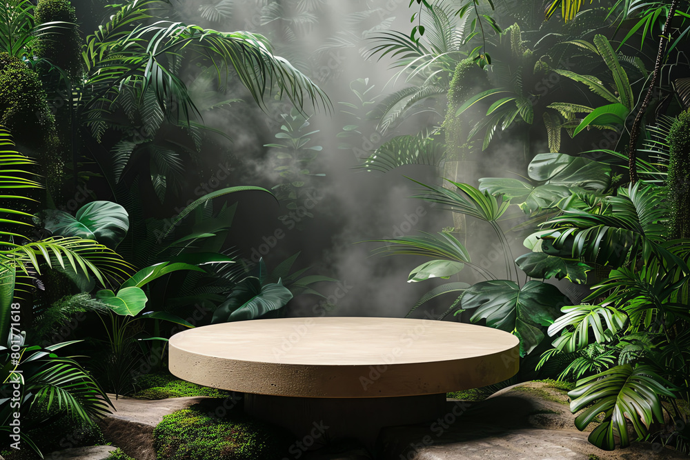 A circular wooden platform surrounded by lush tropical foliage and mist, set in a serene forest environment during daylight A circular wooden platform surrounded by lush tropical foliage and mist, set in a serene forest environment during daylight