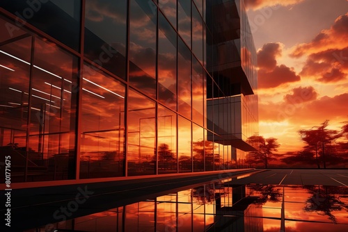 The photo shows a modern glass and steel office building with a reflection of a beautiful sunset.