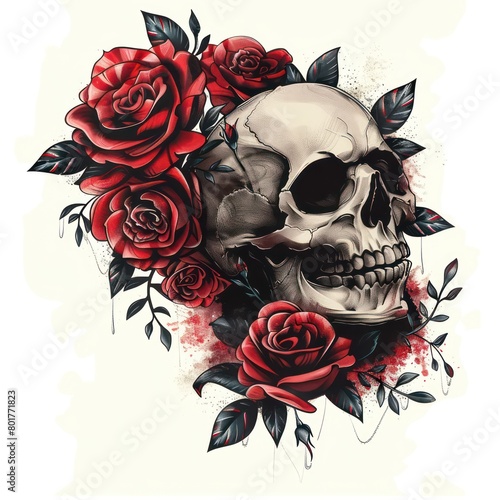 Fototapeta Naklejka Na Ścianę i Meble -  roses and a skull tattoo design