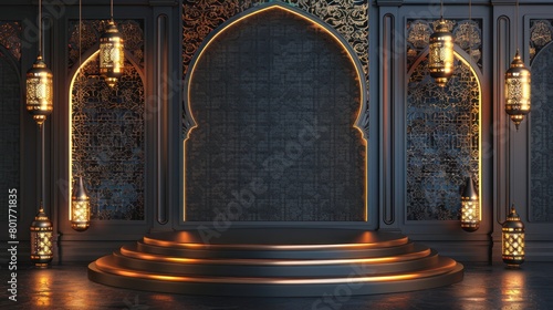 Ai Generative photo of a flat podium with ramadan lantern and Islamic decorations on the walls