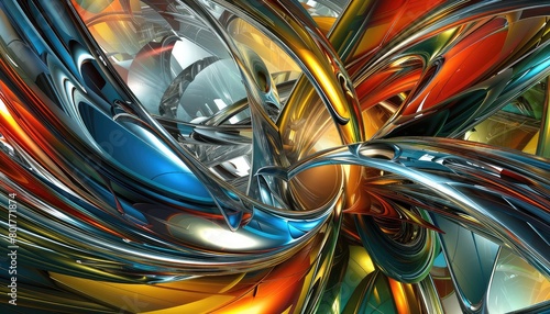 3D metallic-looking in theme of colorful representations of textures, and a dynamic, energetic atmosphere