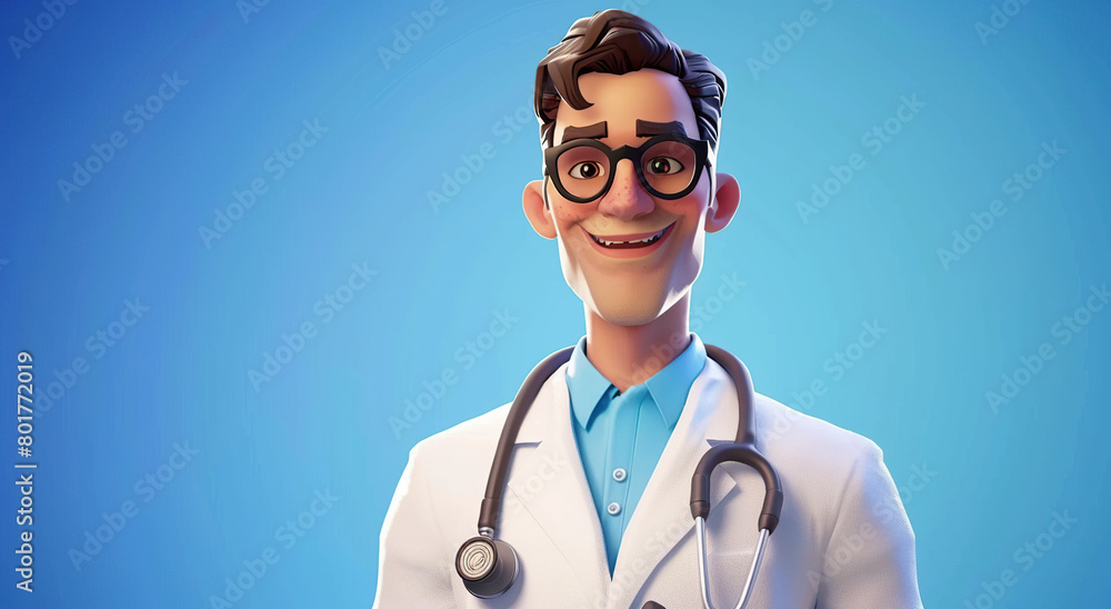 A 3D style male doctor wearing a stethoscope, smiling and crossing his hands at the chest A 3D style male doctor wearing a stethoscope, smiling and crossing his hands at the chest