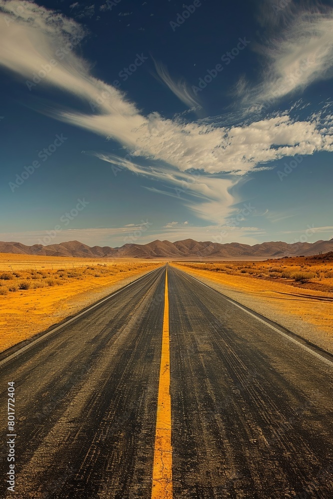 An empty highway cutting through a vast desert landscape, beckoning the wanderer to embark on a voyage of self-discovery and liberation amidst the challenges and uncertainties of existence.