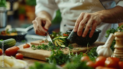 One chef carefully slices fresh vegetables while the other mixes a variety of herbs and es in a mortar and pestle. The aromas wafting through the kitchen are enticing and refreshing.