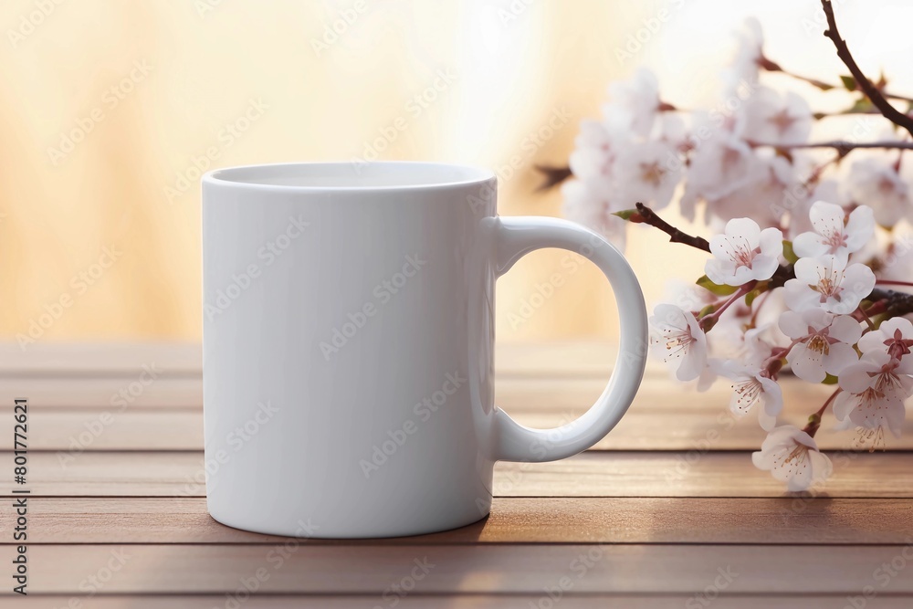 A white mug mockup with cherry blossoms on the table, 3d rendering, hd, high resolution, high detail