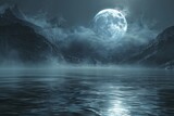 A serene lake reflecting the light of the moon, with a mysterious fog dancing over the surface.