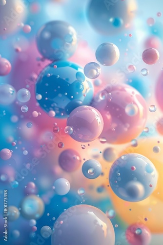 An abstract background featuring geometric shapes of soft turquoise spheres, produced by artificial intelligence, showcases the harmonious blend of elegance and intricacy. © tonstock