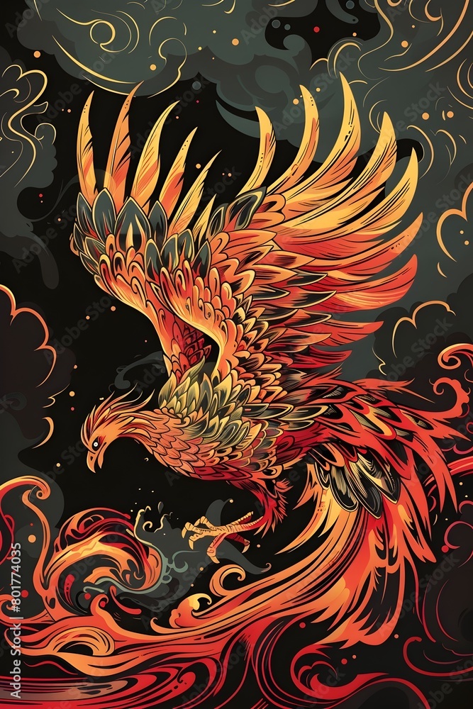 Majestic Phoenix Rising from Fiery Lava Pool in Vibrant Digital Art