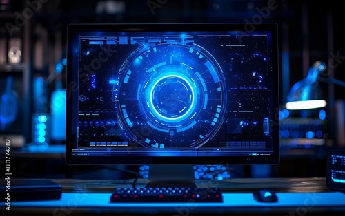 A blue circle is visible on the computer screen.