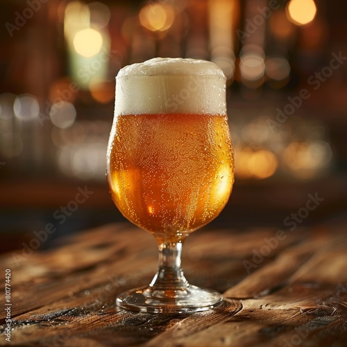 An old-fashioned frosted mug of Hopf beer rests on a vintage wooden surface photo