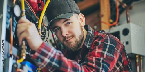 A young technician with a beard is fixing an electrical box, showcasing expertise and focus. © tashechka