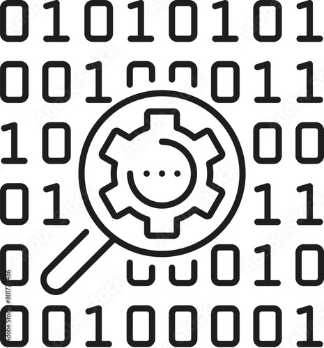 Machine learning, AI artificial intelligence data mining algorithm icon. Artificial intelligence science, AI data analysis digital innovation line vector symbol with binary code and magnifying glass