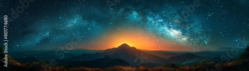 The spectacular night sky sparkles with numerous stars, while a majestic mountain looms in the distance.