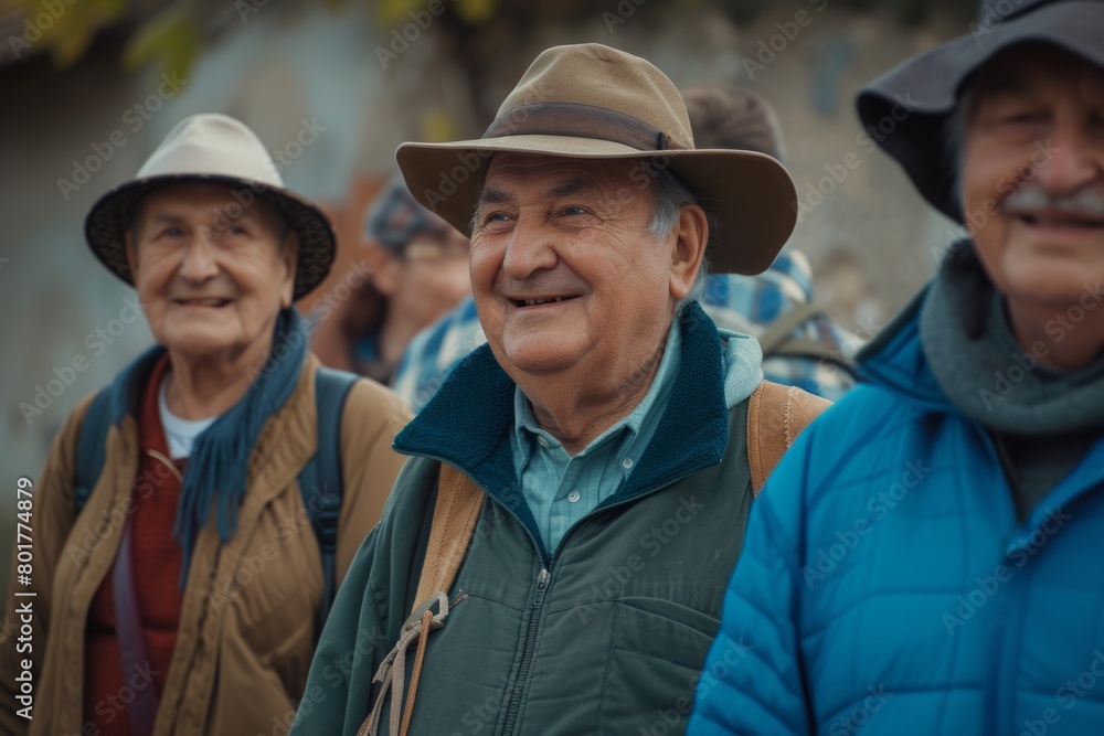Group of senior men walking in the street. People wearing hats. Group of senior men walking in the street. People wearing hats.