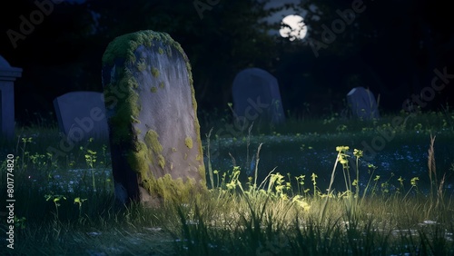 A serene nighttime scene in a graveyard. A solitary, aged gravestone stands prominently in the foreground.
